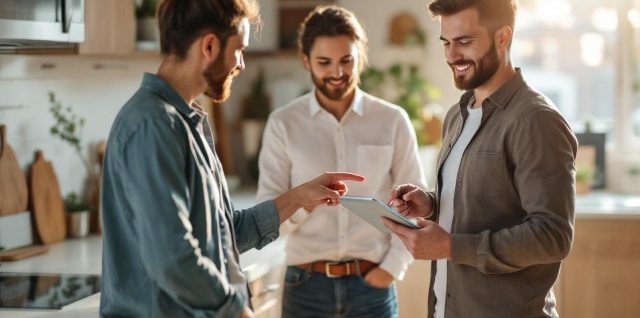 Designer de cuisine local montrant un plan 3D sur une tablette à deux clients dans un showroom moderne, près d'un îlot avec échantillons de matériaux, éclairage naturel chaud, tons bois, blanc et acier.