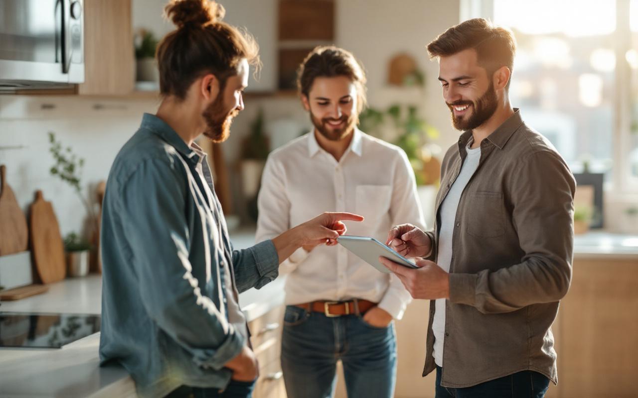 Designer de cuisine local montrant un plan 3D sur une tablette à deux clients dans un showroom moderne, près d'un îlot avec échantillons de matériaux, éclairage naturel chaud, tons bois, blanc et acier.