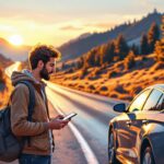 Illustration éditoriale d’un automobiliste comparant la valeur de reprise d’une batterie de voiture près de son véhicule avant un road trip, ambiance de route et budget, lumière de coucher de soleil.