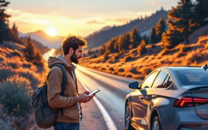 Illustration éditoriale d’un automobiliste comparant la valeur de reprise d’une batterie de voiture près de son véhicule avant un road trip, ambiance de route et budget, lumière de coucher de soleil.