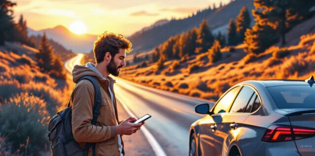 Illustration éditoriale d’un automobiliste comparant la valeur de reprise d’une batterie de voiture près de son véhicule avant un road trip, ambiance de route et budget, lumière de coucher de soleil.