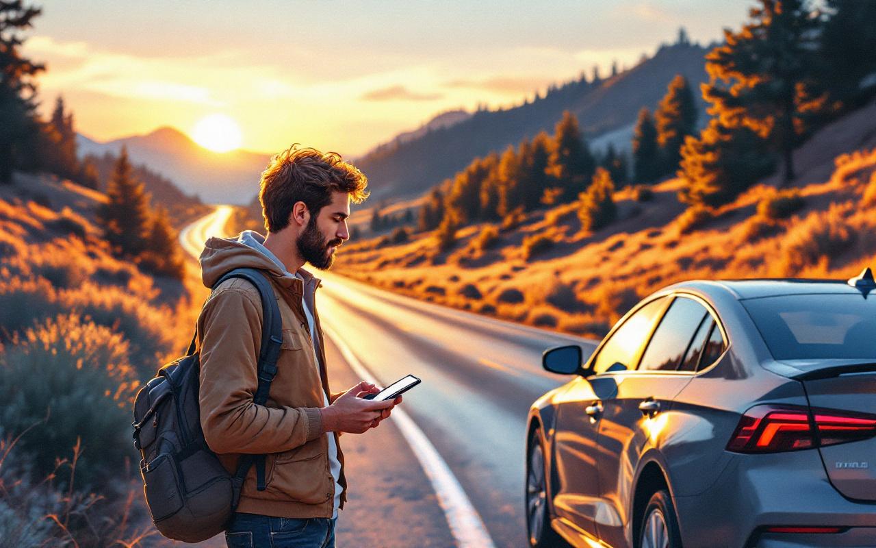 Illustration éditoriale d’un automobiliste comparant la valeur de reprise d’une batterie de voiture près de son véhicule avant un road trip, ambiance de route et budget, lumière de coucher de soleil.