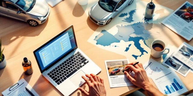 Illustration éditoriale : un acheteur compare des annonces de voitures d’occasion sur un ordinateur, avec une carte de l’Europe et des documents automobiles sur le bureau.