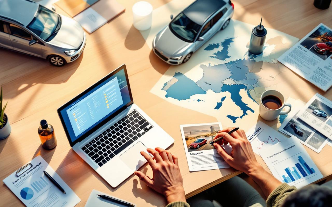 Illustration éditoriale : un acheteur compare des annonces de voitures d’occasion sur un ordinateur, avec une carte de l’Europe et des documents automobiles sur le bureau.