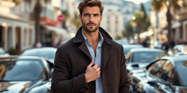 Portrait éditorial d’un homme influenceur automobile près de supercars brillantes à Monaco, ambiance luxe, lumière naturelle et style photo magazine.
