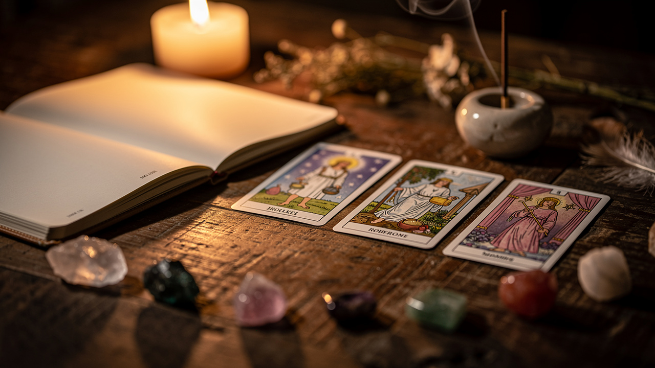 Trois cartes de voyance posées sur une table près d’un cahier d’interprétation ouvert, éclairage doux à la lumière de bougie et décor spirituel discret avec pierres et encens.