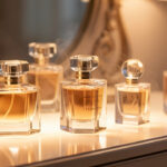 Choisir un parfum féminin selon sa personnalité et ses moments de vie Collection élégante de flacons de parfum féminins posés sur une coiffeuse lumineuse, avec une ambiance chic et intemporelle.