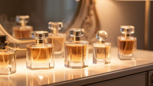 Collection élégante de flacons de parfum féminins posés sur une coiffeuse lumineuse, avec une ambiance chic et intemporelle.