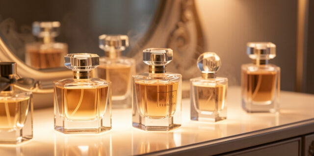 Collection élégante de flacons de parfum féminins posés sur une coiffeuse lumineuse, avec une ambiance chic et intemporelle.
