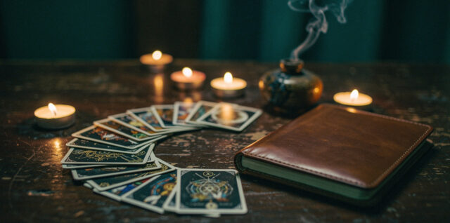 Jeu de cartes divinatoires posé sur une table sombre, avec un carnet de notes et une ambiance ésotérique feutrée, éclairage de bougies et fumée légère.