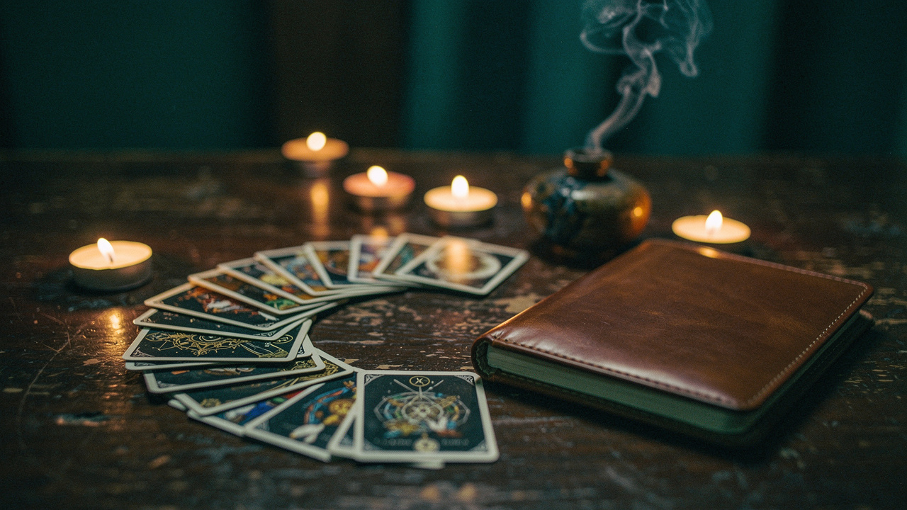 Jeu de cartes divinatoires posé sur une table sombre, avec un carnet de notes et une ambiance ésotérique feutrée, éclairage de bougies et fumée légère.