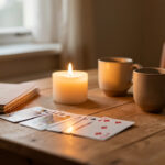7 rituels simples pour mieux préparer une séance de tirage chez soi Table intime à la maison, avec cartes à jouer, bougie allumée et carnet, éclairage doux et ambiance chaleureuse.
