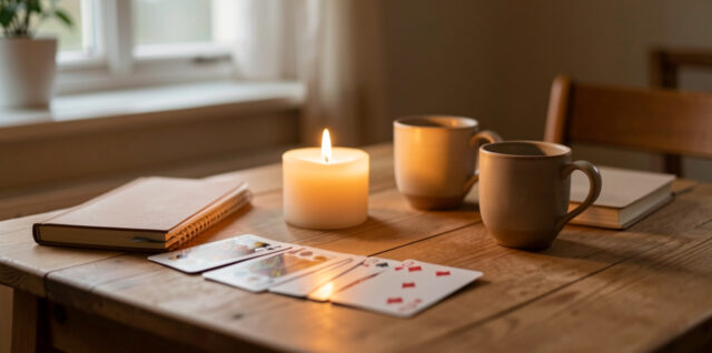Table intime à la maison, avec cartes à jouer, bougie allumée et carnet, éclairage doux et ambiance chaleureuse.