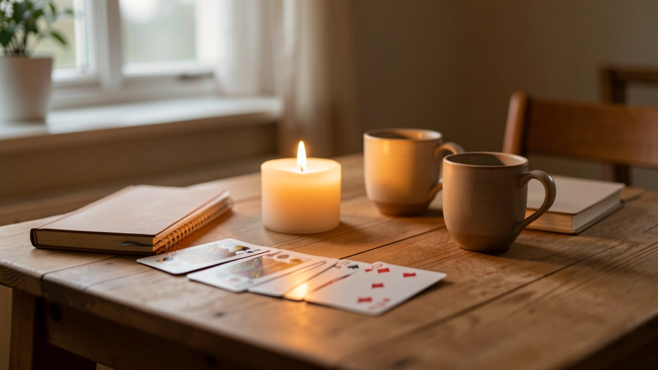 Table intime à la maison, avec cartes à jouer, bougie allumée et carnet, éclairage doux et ambiance chaleureuse.