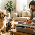 Un chien et un chat se tiennent dans un salon lumineux tandis qu’une femme prépare leurs affaires de garde sur une table, à côté d’une valise fermée.