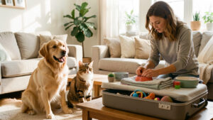 Un chien et un chat se tiennent dans un salon lumineux tandis qu’une femme prépare leurs affaires de garde sur une table, à côté d’une valise fermée.