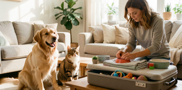 Un chien et un chat se tiennent dans un salon lumineux tandis qu’une femme prépare leurs affaires de garde sur une table, à côté d’une valise fermée.