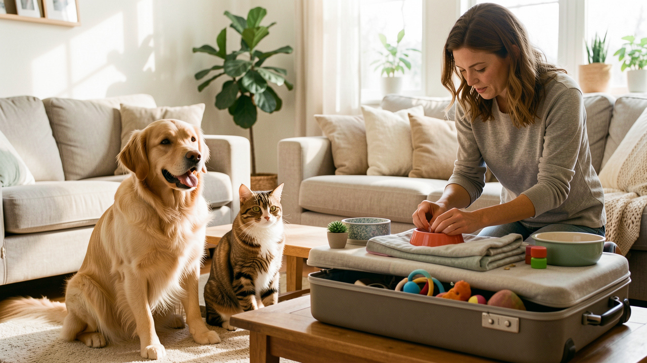 Un chien et un chat se tiennent dans un salon lumineux tandis qu’une femme prépare leurs affaires de garde sur une table, à côté d’une valise fermée.