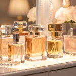 Flacons de parfum élégants posés sur une coiffeuse lumineuse, ambiance féminine chic et intemporelle, lumières chaudes et reflets délicats sur le verre.