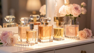 Flacons de parfum élégants posés sur une coiffeuse lumineuse, ambiance féminine chic et intemporelle, lumières chaudes et reflets délicats sur le verre.