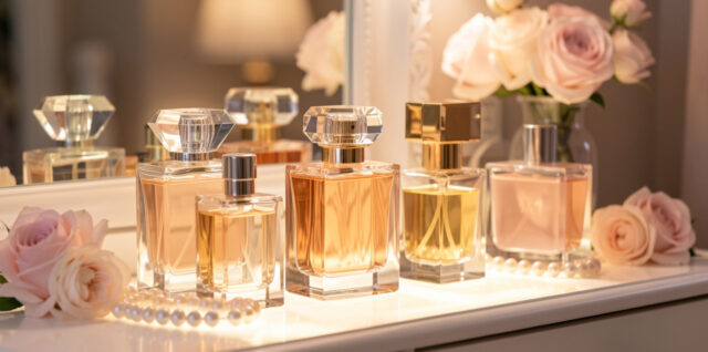 Flacons de parfum élégants posés sur une coiffeuse lumineuse, ambiance féminine chic et intemporelle, lumières chaudes et reflets délicats sur le verre.