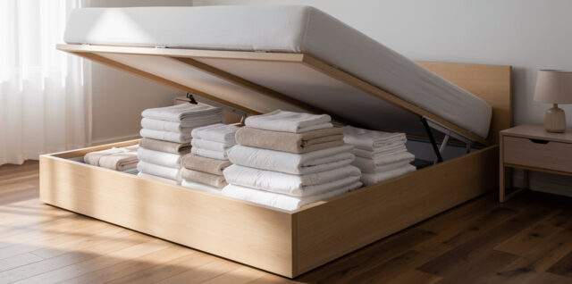 Lit coffre contemporain ouvert dans une chambre lumineuse, avec un grand compartiment rempli de linge de maison soigneusement plié, vu de côté.