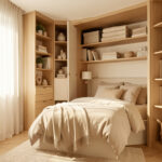 Aménagement petite chambre : 8 idées pour gagner de la place Petite chambre lumineuse et bien rangée avec des rangements muraux, un mobilier compact et une décoration contemporaine aux tons doux.