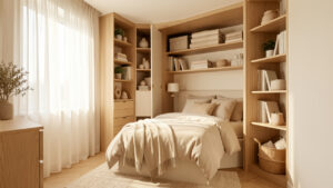Petite chambre lumineuse et bien rangée avec des rangements muraux, un mobilier compact et une décoration contemporaine aux tons doux.