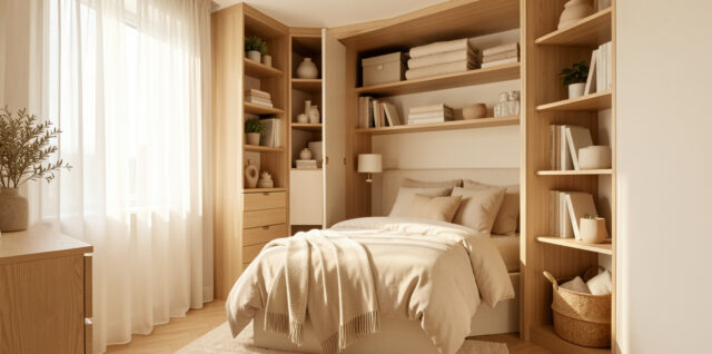 Petite chambre lumineuse et bien rangée avec des rangements muraux, un mobilier compact et une décoration contemporaine aux tons doux.