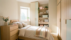 Petite chambre lumineuse et ordonnée, avec meubles compacts, rangements malins et une ambiance douce, éclairée par la lumière naturelle.