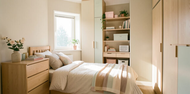 Petite chambre lumineuse et ordonnée, avec meubles compacts, rangements malins et une ambiance douce, éclairée par la lumière naturelle.