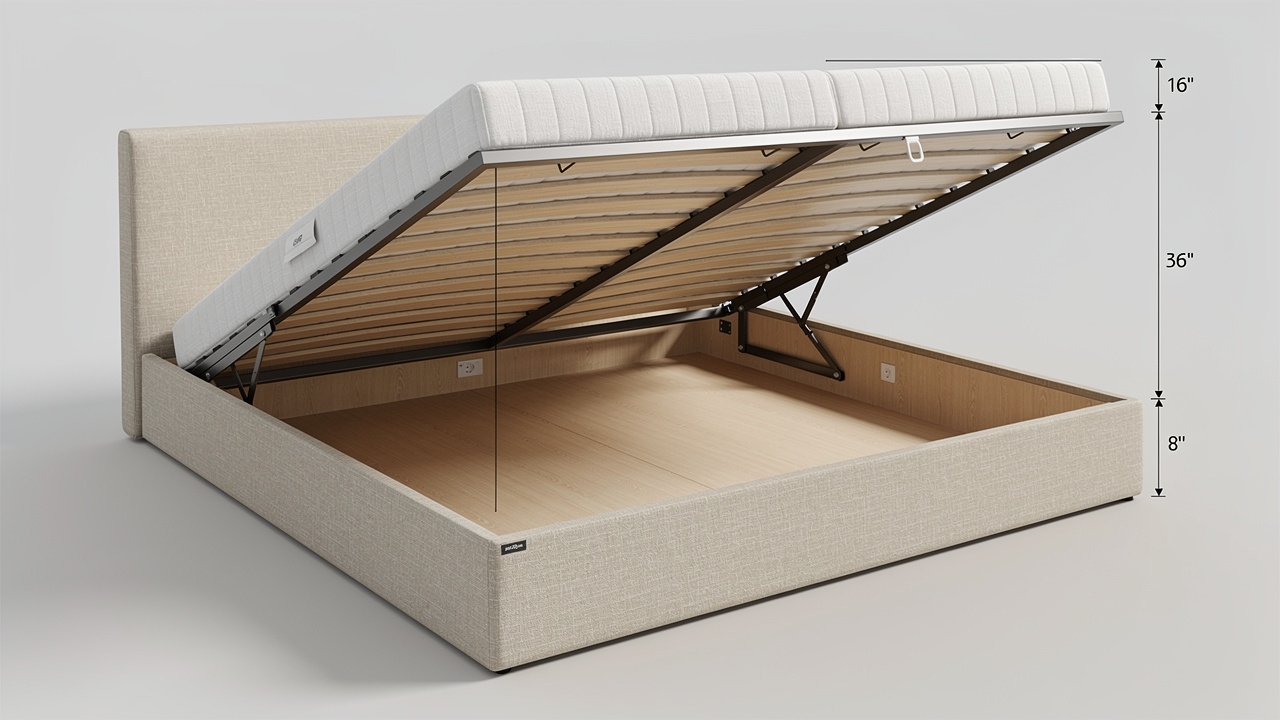 Schéma réaliste en coupe d’un lit coffre montrant la hauteur du caisson, la profondeur intérieure, le sommier relevable et le matelas, avec des repères de mesure sans annotations écrites.
