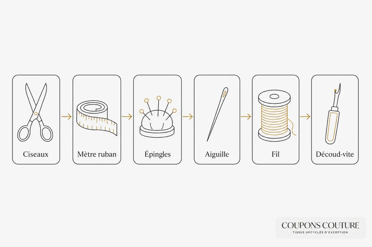 Schémas des outils de couture étape par étape: ciseaux, mètre ruban, épingles, aiguile, fil et découd-vite. Débuter la couture à la maison.