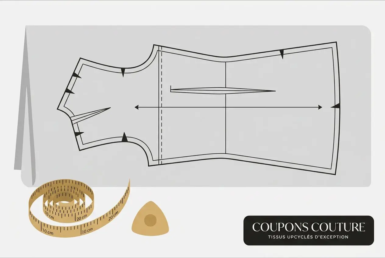 Plan de patron de couture avec mesures et outil de couture, idéal pour débuter la couture à la maison. Débuter la couture à la maison avec ce guide pratique.