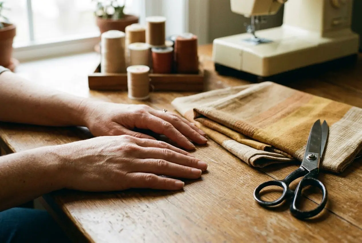 Personne posant ses mains sur du tissu prêt à être cousu, avec ciseaux et bobines de fil sur le plan de travail. Débuter la couture à la maison.