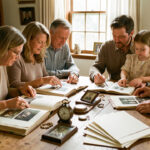 Partage d’héritage familial : organiser les biens sans tensions Une famille intergénérationnelle réunie autour d’une table avec des albums anciens, des objets hérités et des dossiers soigneusement rangés.