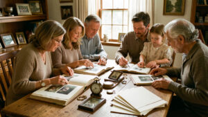 Une famille intergénérationnelle réunie autour d’une table avec des albums anciens, des objets hérités et des dossiers soigneusement rangés.