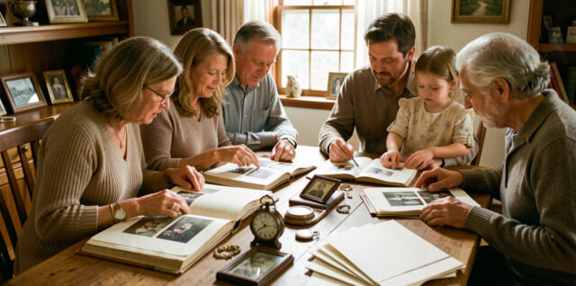 Une famille intergénérationnelle réunie autour d’une table avec des albums anciens, des objets hérités et des dossiers soigneusement rangés.