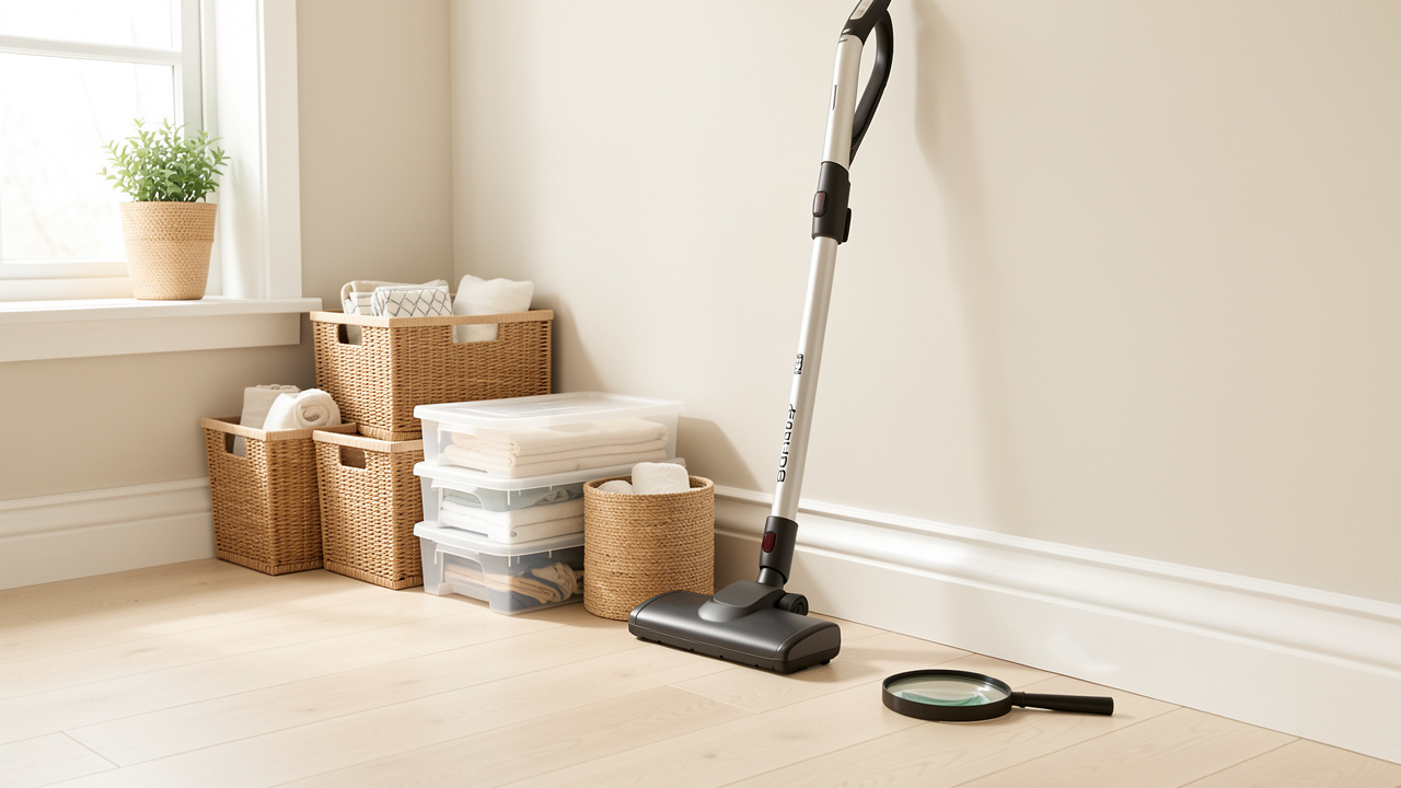 Intérieur de maison lumineux et propre avec des paniers de rangement, des boîtes organisatrices, un aspirateur et une loupe posés près d’une plinthe blanche.