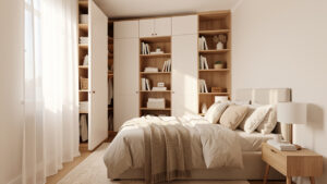 Petite chambre lumineuse et ordonnée avec des rangements muraux, un mobilier compact et une décoration contemporaine chaleureuse.