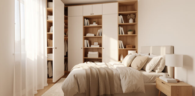 Petite chambre lumineuse et ordonnée avec des rangements muraux, un mobilier compact et une décoration contemporaine chaleureuse.