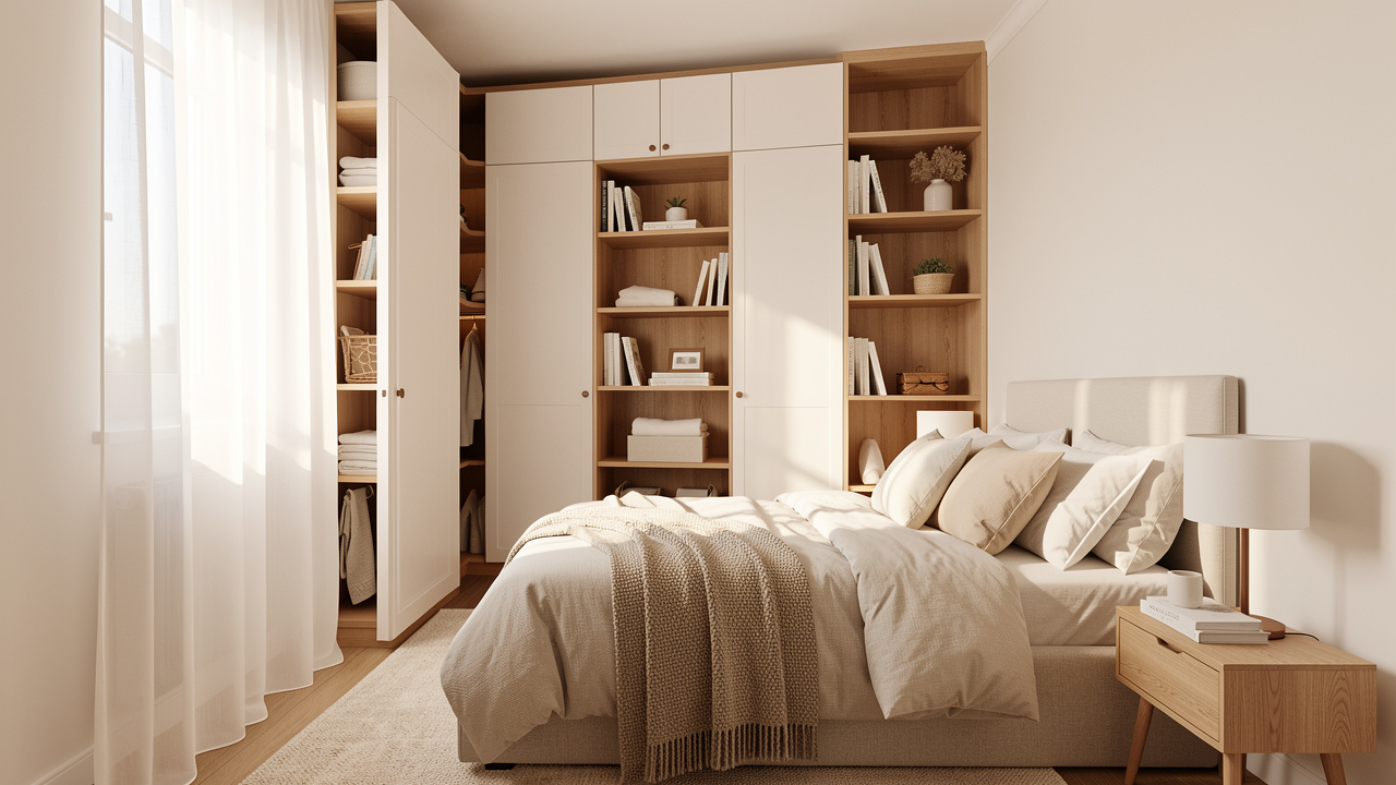 Petite chambre lumineuse et ordonnée avec des rangements muraux, un mobilier compact et une décoration contemporaine chaleureuse.