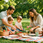 Un homme, une femme et deux enfants organisent un pique-nique familial sur une nappe colorée dans un parc verdoyant, avec un panier repas et des accessoires réutilisables.