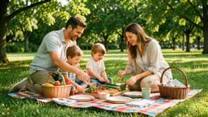 Un homme, une femme et deux enfants organisent un pique-nique familial sur une nappe colorée dans un parc verdoyant, avec un panier repas et des accessoires réutilisables.