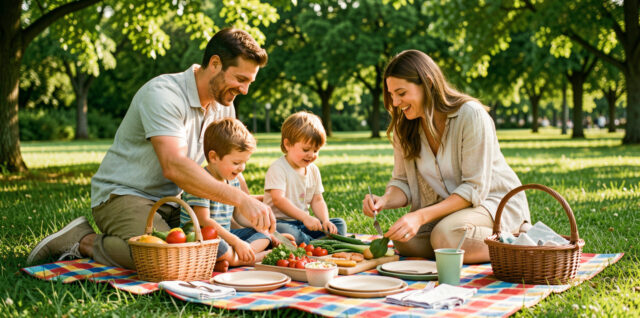Un homme, une femme et deux enfants organisent un pique-nique familial sur une nappe colorée dans un parc verdoyant, avec un panier repas et des accessoires réutilisables.