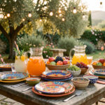 Organisation d’un repas en plein air : les indispensables pour recevoir sans stress Table de jardin conviviale dressée pour un buffet estival, avec des assiettes colorées, des boissons fraîches et des guirlandes lumineuses.