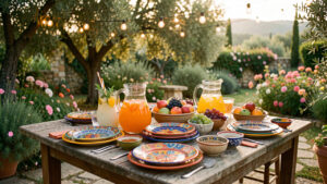 Table de jardin conviviale dressée pour un buffet estival, avec des assiettes colorées, des boissons fraîches et des guirlandes lumineuses.