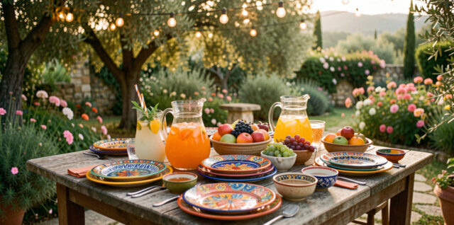 Table de jardin conviviale dressée pour un buffet estival, avec des assiettes colorées, des boissons fraîches et des guirlandes lumineuses.