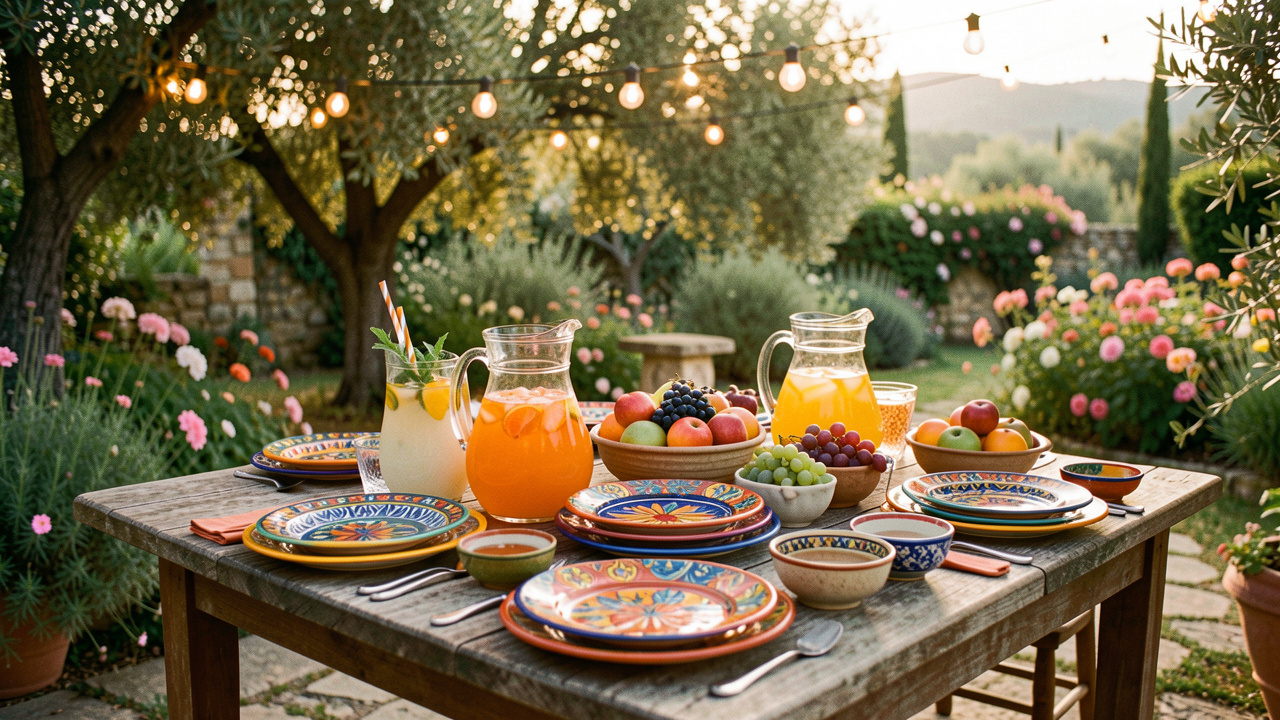 Table de jardin conviviale dressée pour un buffet estival, avec des assiettes colorées, des boissons fraîches et des guirlandes lumineuses.