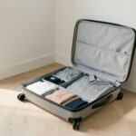 Prévenir les nuisibles au retour de voyage : les bons gestes Valise ouverte contenant du linge soigneusement trié dans une entrée moderne, lumineuse et propre.